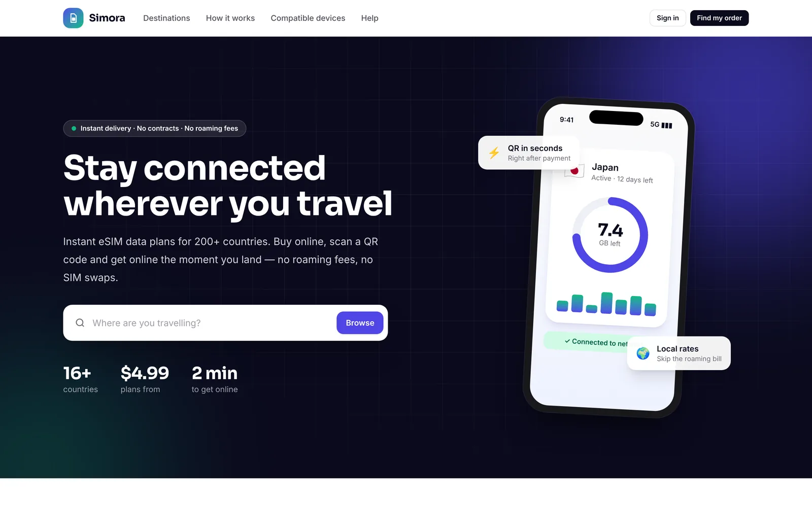 Simora — Homepage with destination search